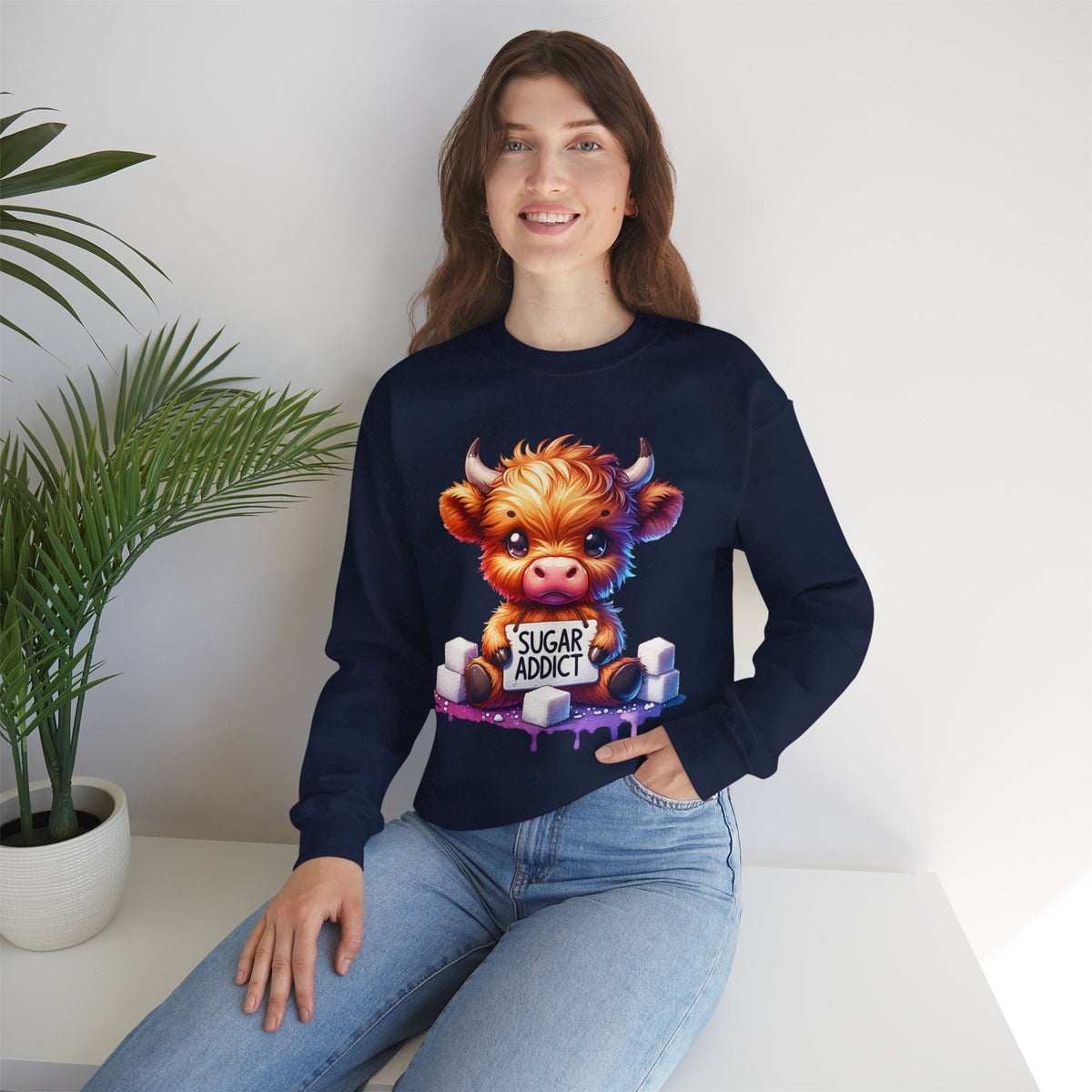 Sugar Addict Highland Cow – Gildan Heavy Blend | Trendy Women’s Soft Sweatshirt. Direct to Garment. Printed & Shipped in the USA. Unisex Sizes.