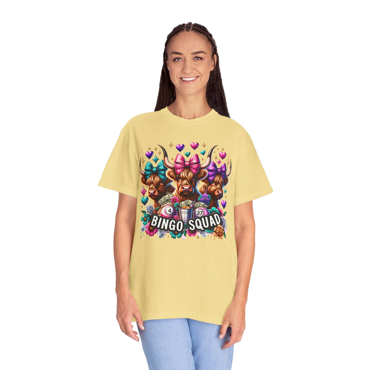Cute Highland Cows Bingo Squad - Comfort Colors | Trendy Women's T-Shirt. Direct to Garment. Printed & Shipped in the USA. Unisex Sizes.