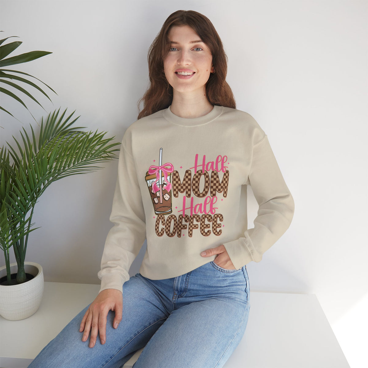Half Mom Half Coffee, Cute Leopard Print Coffee Design – Gildan Heavy Blend | Trendy Women’s Soft Sweatshirt. Direct to Garment. Printed & Shipped in the USA. Unisex Sizes.