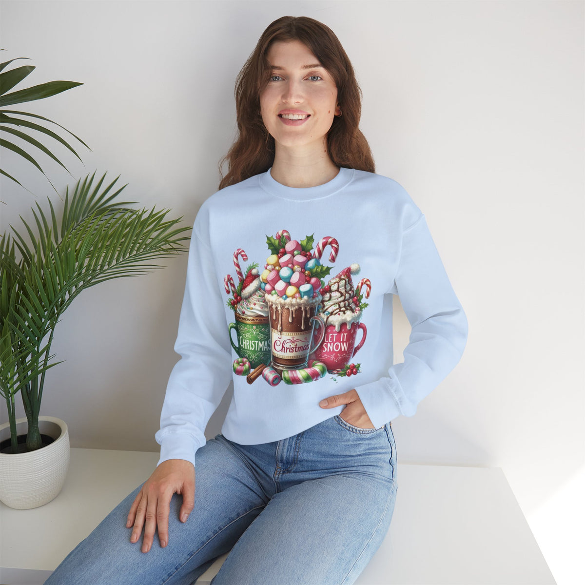 Hot Chocolate Mugs Christmas Hot Cocoa – Gildan Heavy Blend | Trendy Women’s Soft Sweatshirt. Direct to Garment. Printed & Shipped in the USA. Unisex Sizes.