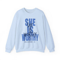 She Is Worthy – Gildan Heavy Blend | Trendy Women’s Soft Sweatshirt. Direct to Garment. Printed & Shipped in the USA. Unisex Sizes.