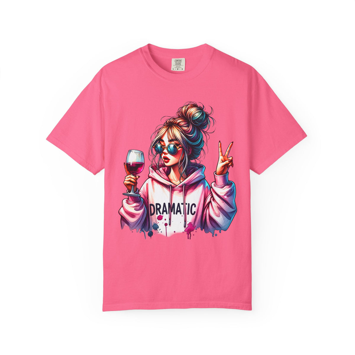 Dramatic Girl With Wine Messy Bun Peace Sign  - Comfort Colors | Trendy Women's T-Shirt. Direct to Garment. Printed & Shipped in the USA. Unisex Sizes.