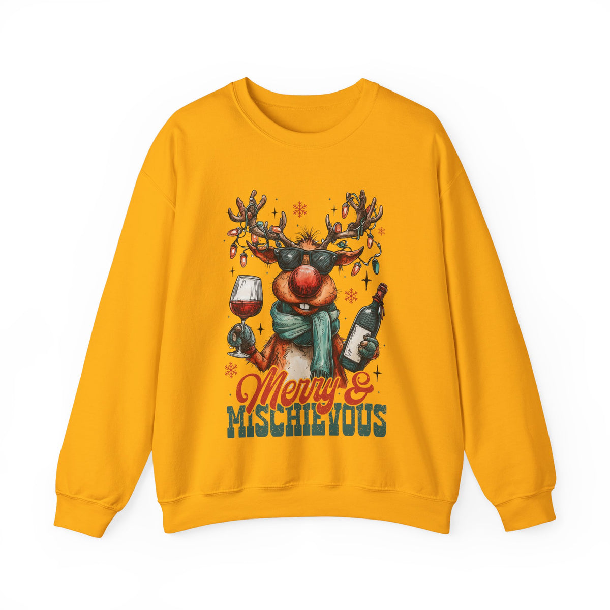 Merry & Mischievous Reindeer – Gildan Heavy Blend | Trendy Women’s and Men's Soft Sweatshirt. Direct to Garment. Printed & Shipped in the USA. Unisex Sizes.