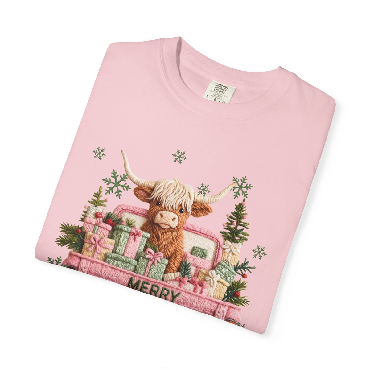 Highland Cow in Pink Truck Merry Christmas Holiday Farmhouse - Comfort Colors | Trendy Women's T-Shirt. Direct to Garment. Printed & Shipped in the USA. Unisex Sizes.