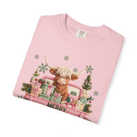 Highland Cow in Pink Truck Merry Christmas Holiday Farmhouse - Comfort Colors | Trendy Women's T-Shirt. Direct to Garment. Printed & Shipped in the USA. Unisex Sizes.