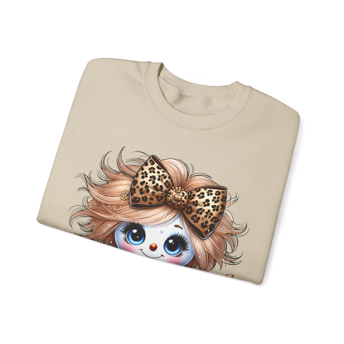 Snowgirl Cute Leopard Bow Snowman, Winter Cozy – Gildan Heavy Blend | Trendy Women’s Soft Sweatshirt. Direct to Garment. Printed & Shipped in the USA. Unisex Sizes.
