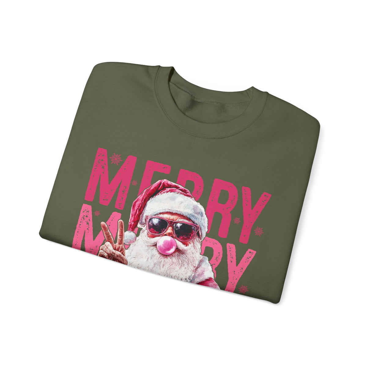 Pink Merry Christmas Bubblegum Santa – Gildan Heavy Blend | Trendy Women’s Soft Sweatshirt. Direct to Garment. Printed & Shipped in the USA. Unisex Sizes.