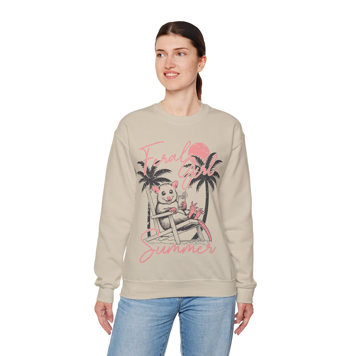 Feral Girl Summer, Possum on a Beach – Gildan Heavy Blend | Trendy Women’s Soft Sweatshirt. Direct to Garment. Printed & Shipped in the USA. Unisex Sizes.
