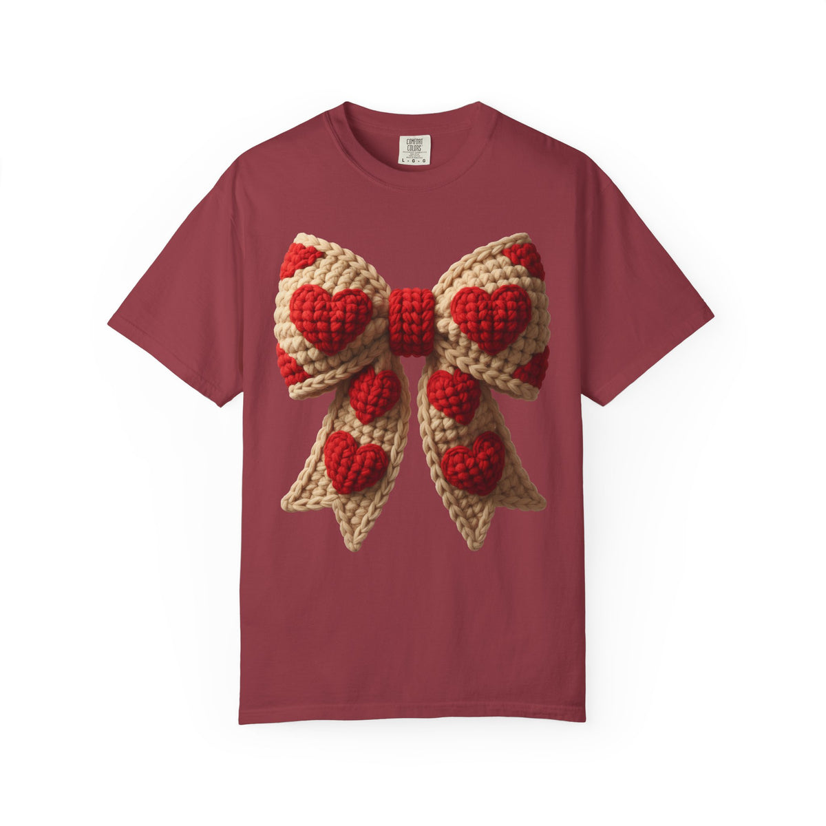 Faux Crochet Valentine Bow - Comfort Colors | Trendy Women's T-Shirt. Direct to Garment. Printed & Shipped in the USA. Unisex Sizes.