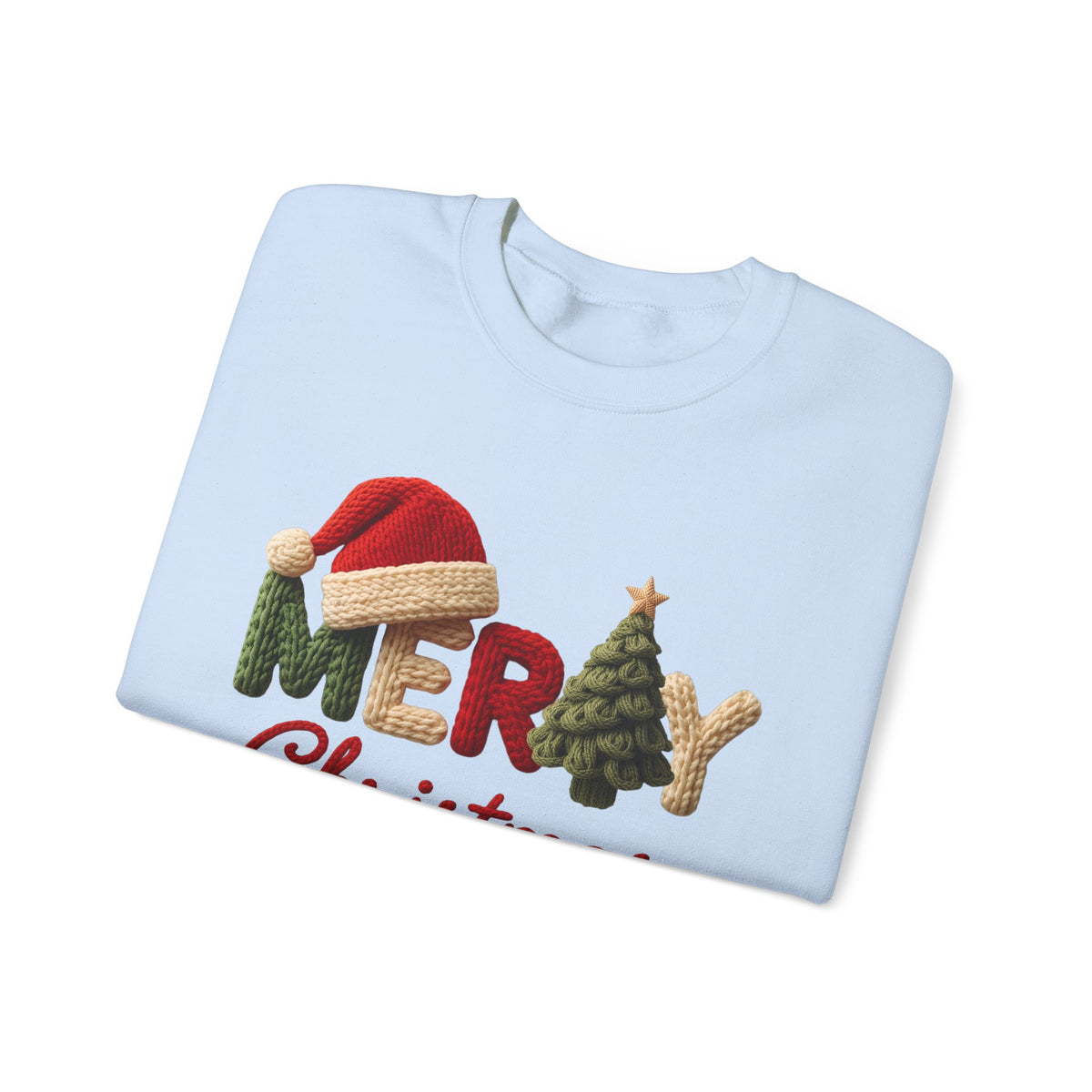 Merry Christmas Faux Yarn w/Santa Hat & Tree – Gildan Heavy Blend | Trendy Women’s Soft Sweatshirt. Direct to Garment. Printed & Shipped in the USA. Unisex Sizes.
