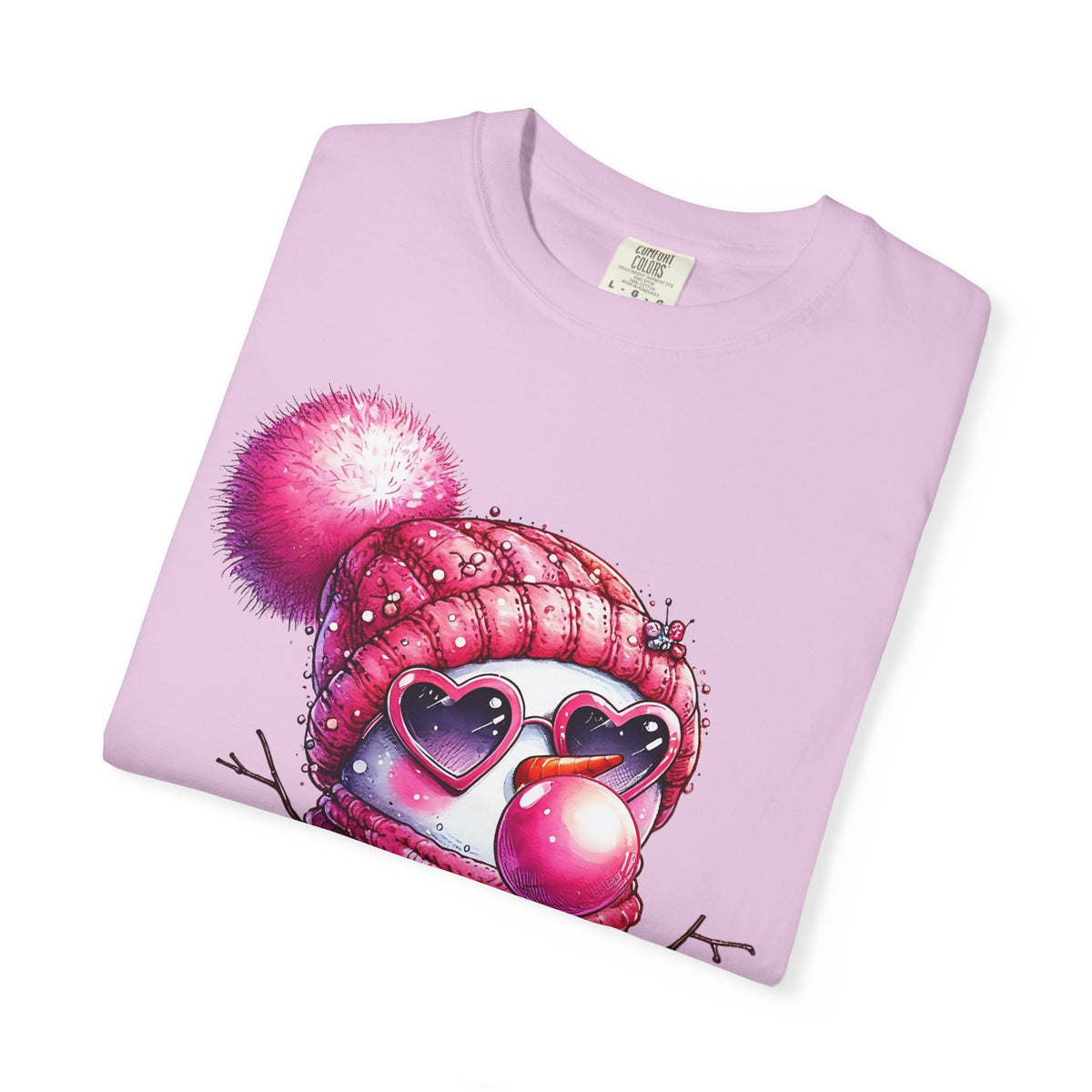 Pink Girly Snowman with Heart Sunglasses and Bubblegum Winter - Comfort Colors | Trendy Women's T-Shirt. Direct to Garment. Printed & Shipped in the USA. Unisex Sizes.