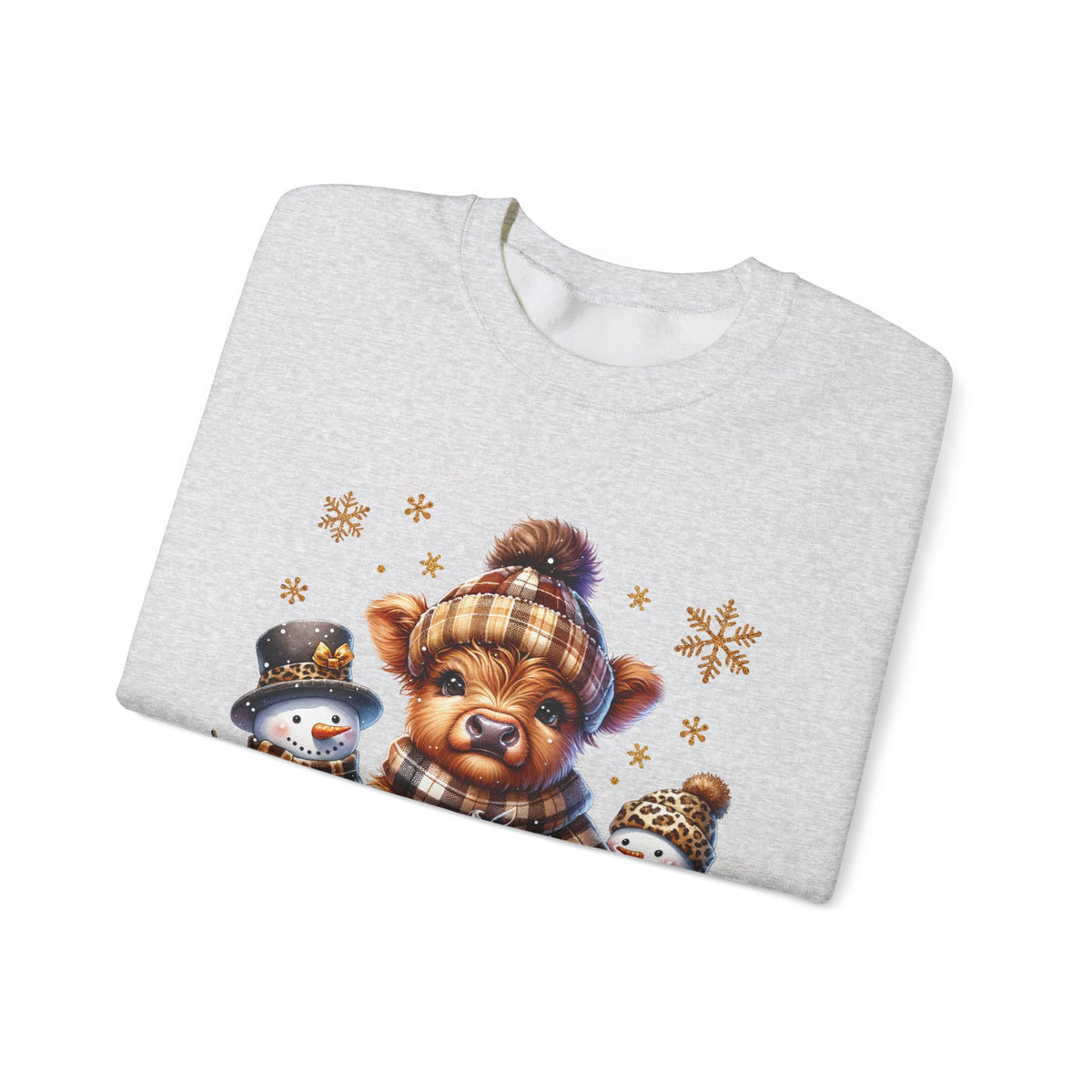 Cute Highland Cow with Snowmen, Winter – Gildan Heavy Blend | Trendy Women’s Soft Sweatshirt. Direct to Garment. Printed & Shipped in the USA. Unisex Sizes.