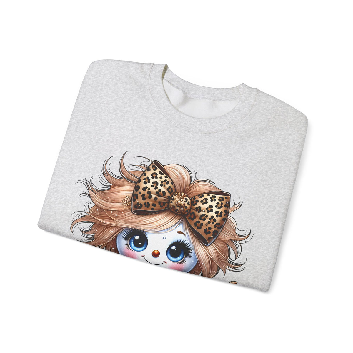 Snowgirl Cute Leopard Bow Snowman, Winter Cozy – Gildan Heavy Blend | Trendy Women’s Soft Sweatshirt. Direct to Garment. Printed & Shipped in the USA. Unisex Sizes.