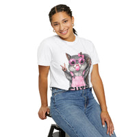Cute But Feral, Squirrel in Pink Bibs - Comfort Colors | Trendy Women's T-Shirt. Direct to Garment. Printed & Shipped in the USA. Unisex Sizes.