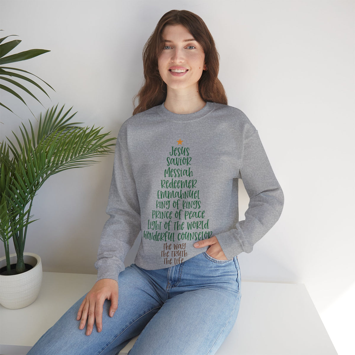 Jesus Names Christmas Tree – Gildan Heavy Blend | Trendy Women’s Soft Sweatshirt. Direct to Garment. Printed & Shipped in the USA. Unisex Sizes.