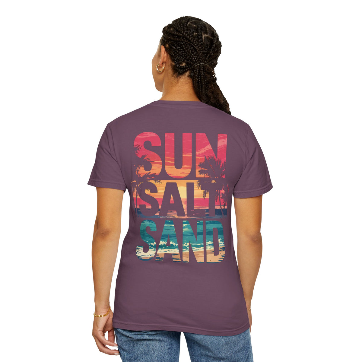 Sun Salt Sand, Beach Sunset - Front & Back Print - Comfort Colors | Trendy Women's and Men's T-Shirt. Direct to Garment. Printed & Shipped in the USA. Unisex Sizes.