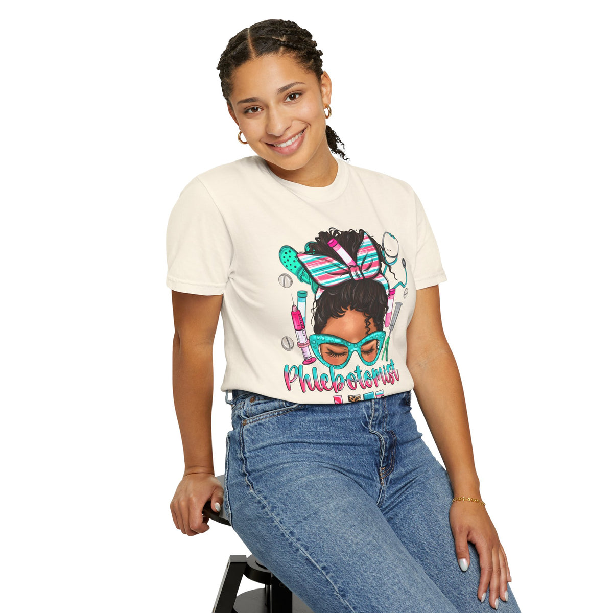 Phlebotomist Life, Messy Bun - Comfort Colors | Trendy Women's T-Shirt. Direct to Garment. Printed & Shipped in the USA. Unisex Sizes.
