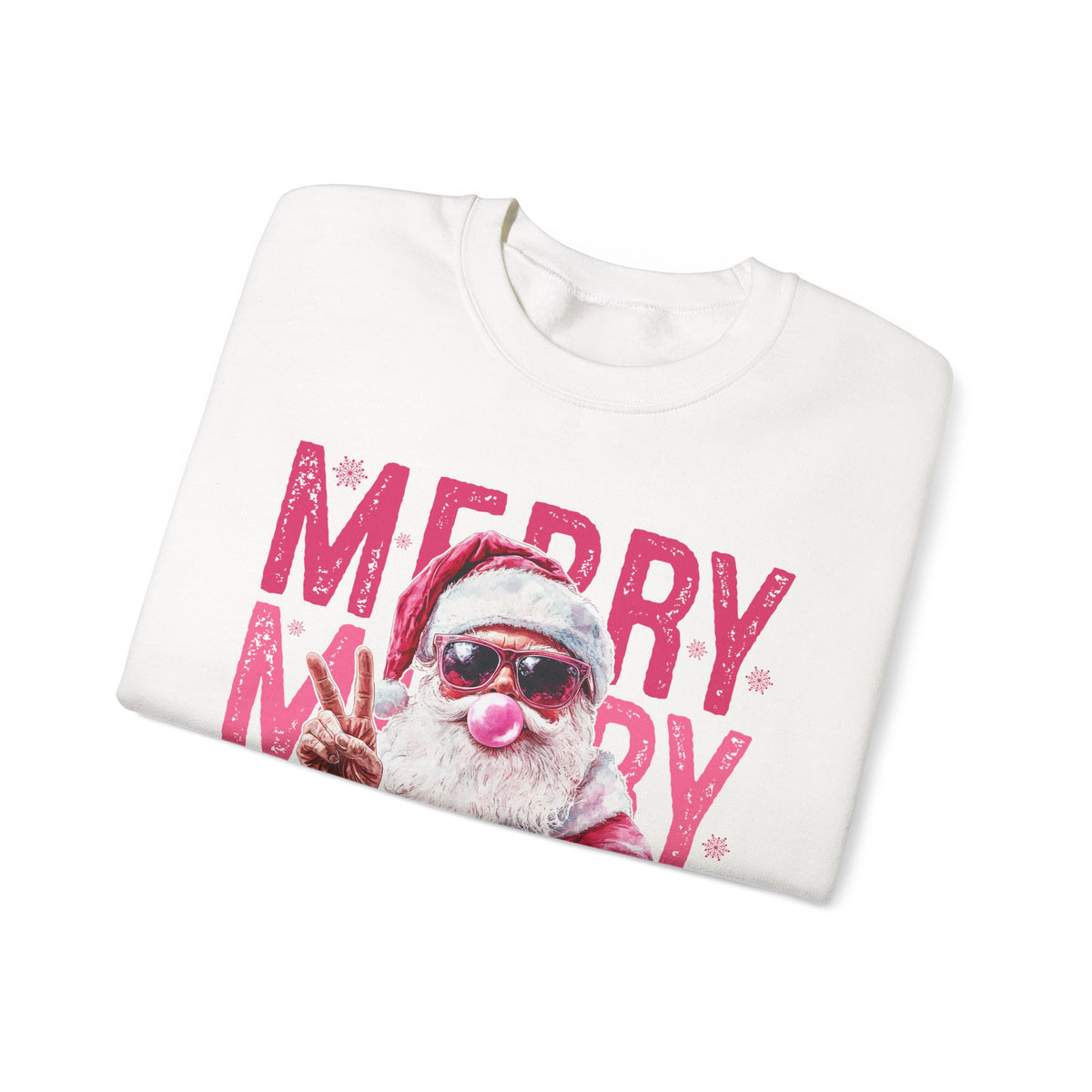 Pink Merry Christmas Bubblegum Santa – Gildan Heavy Blend | Trendy Women’s Soft Sweatshirt. Direct to Garment. Printed & Shipped in the USA. Unisex Sizes.