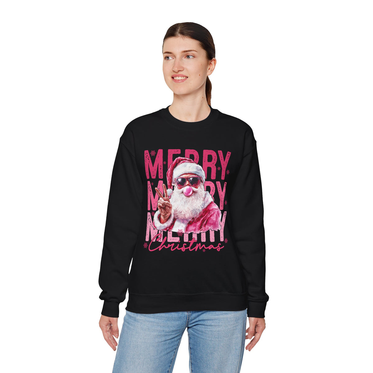 Pink Merry Christmas Bubblegum Santa – Gildan Heavy Blend | Trendy Women’s Soft Sweatshirt. Direct to Garment. Printed & Shipped in the USA. Unisex Sizes.