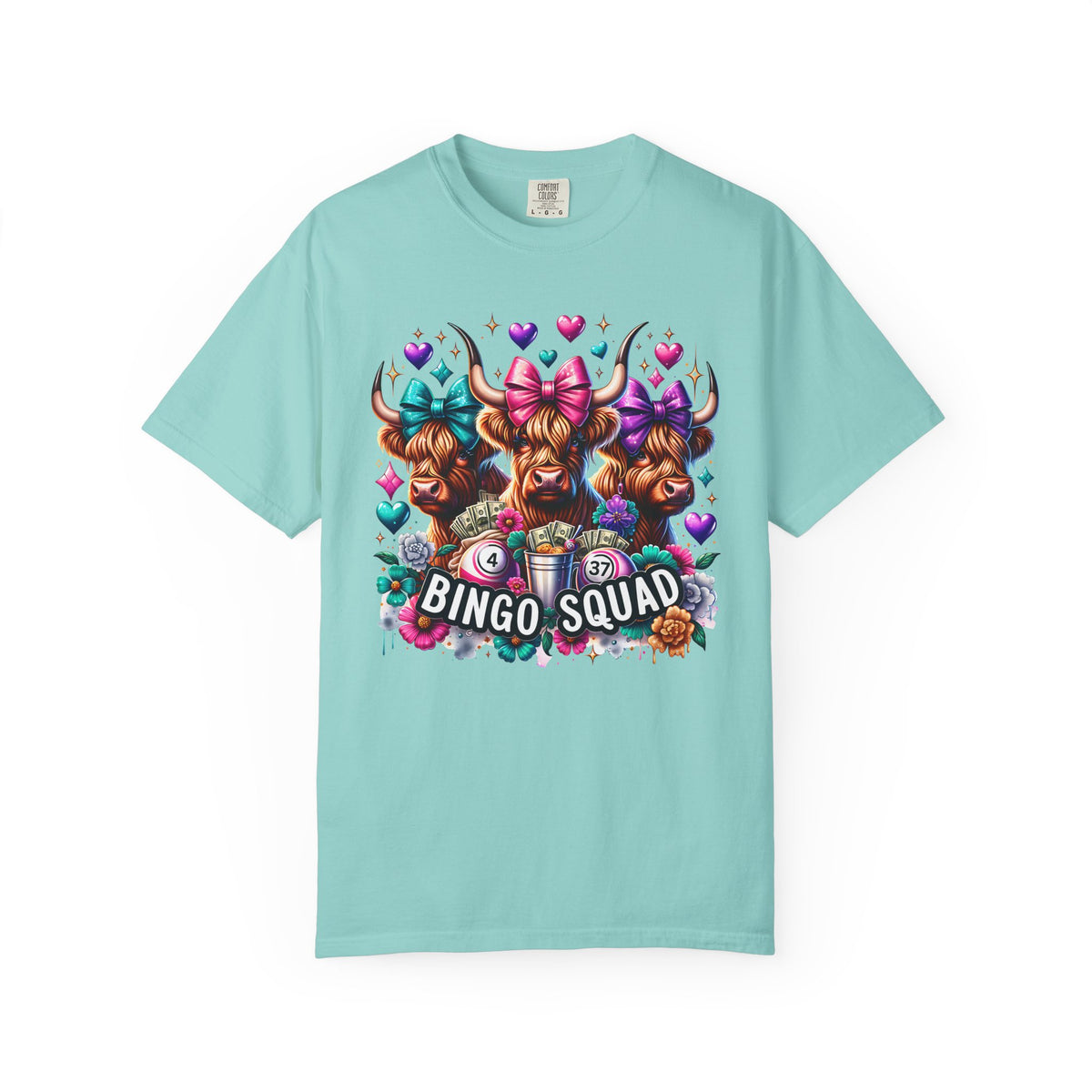 Cute Highland Cows Bingo Squad - Comfort Colors | Trendy Women's T-Shirt. Direct to Garment. Printed & Shipped in the USA. Unisex Sizes.