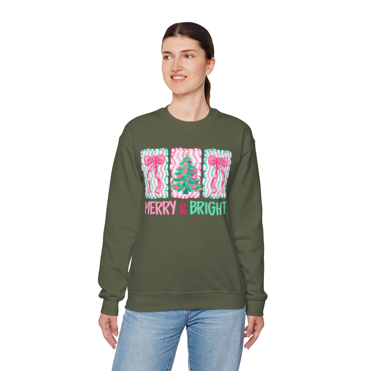 Merry & Bright Christmas - Pink & Green Holiday Tree Design – Gildan Heavy Blend | Trendy Women’s Soft Sweatshirt. Direct to Garment. Printed & Shipped in the USA. Unisex Sizes.