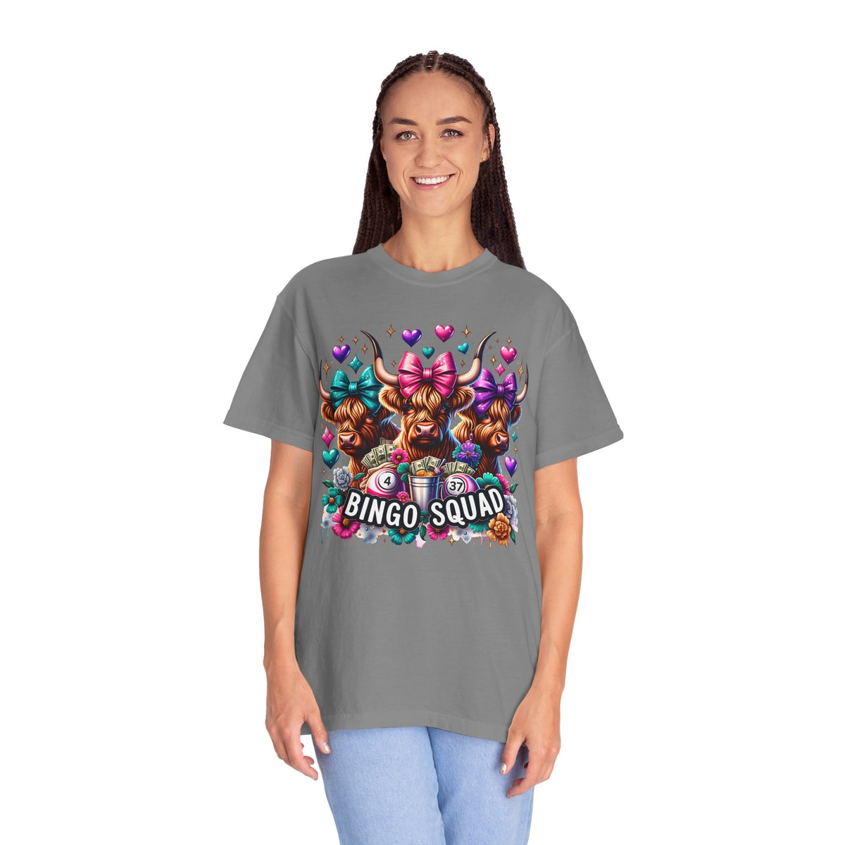 Cute Highland Cows Bingo Squad - Comfort Colors | Trendy Women's T-Shirt. Direct to Garment. Printed & Shipped in the USA. Unisex Sizes.
