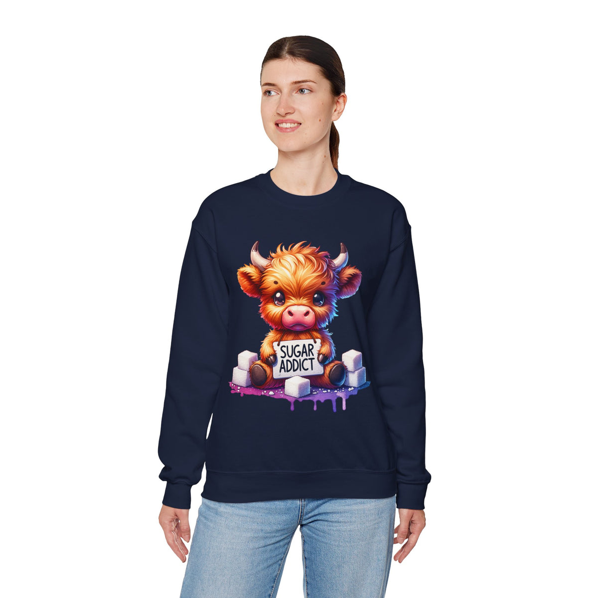 Sugar Addict Highland Cow – Gildan Heavy Blend | Trendy Women’s Soft Sweatshirt. Direct to Garment. Printed & Shipped in the USA. Unisex Sizes.