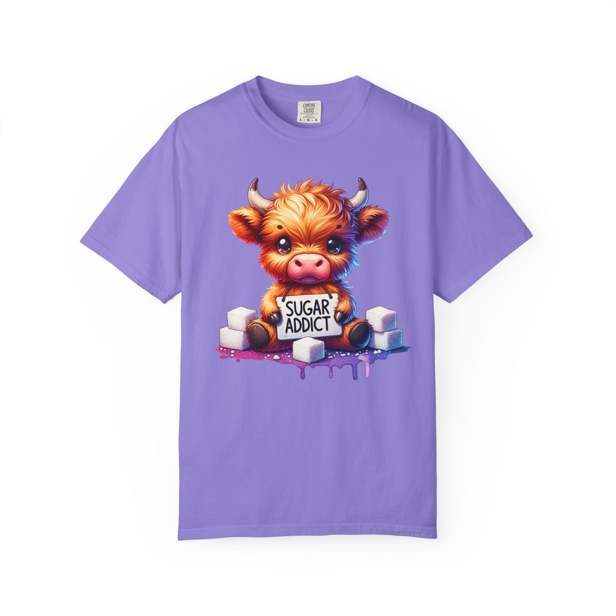 Sugar Addict Highland Cow - Comfort Colors | Trendy Women's T-Shirt. Direct to Garment. Printed & Shipped in the USA. Unisex Sizes.