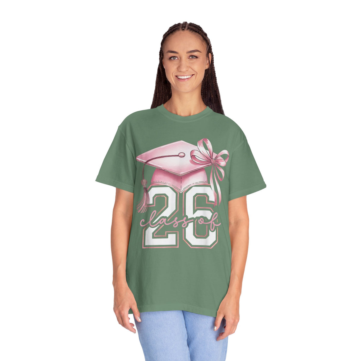 Pink Coquette, Class of 2026 Graduation Cap - Comfort Colors | Trendy Women's T-Shirt. Direct to Garment. Printed & Shipped in the USA. Unisex Sizes.