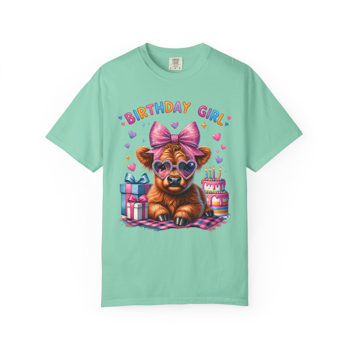 Birthday Girl, Highland Cow - Comfort Colors | Trendy Women's T-Shirt. Direct to Garment. Printed & Shipped in the USA. Unisex Sizes.