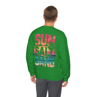 Sun Salt Sand, Beach Sunset - Front & Back Print – Gildan Heavy Blend | Trendy Women’s and Men's Soft Sweatshirt. Direct to Garment. Printed & Shipped in the USA. Unisex Sizes.