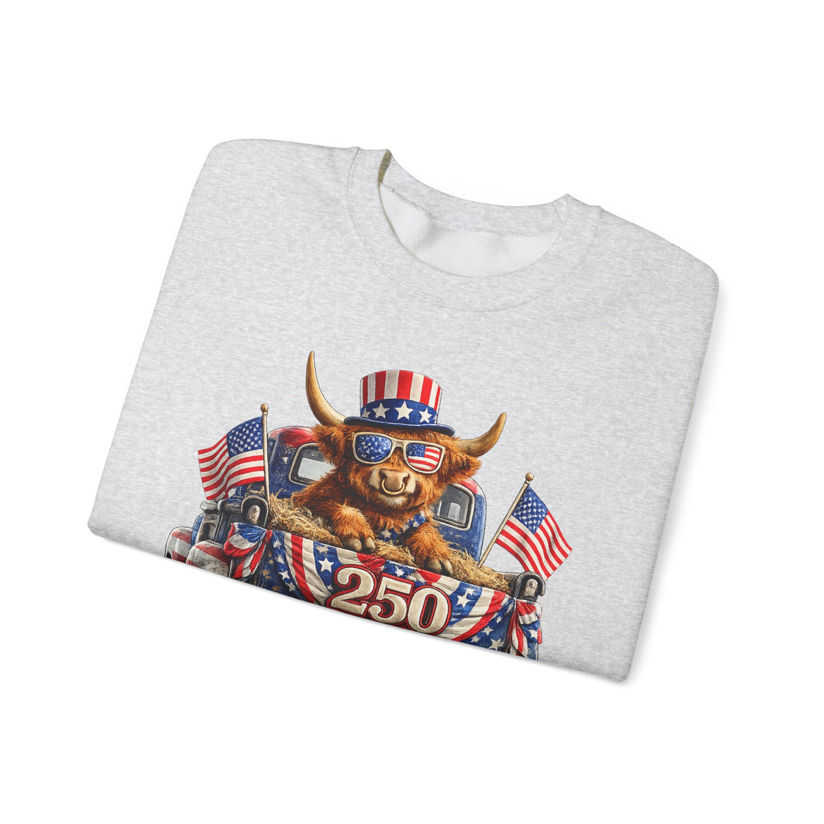 Patriotic Highland, America's 250th Birthday – Gildan Heavy Blend | Trendy Women’s and Men's Soft Sweatshirt. Direct to Garment. Printed & Shipped in the USA. Unisex Sizes.