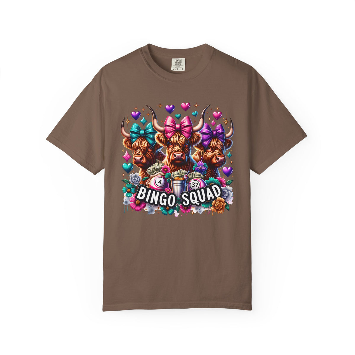 Cute Highland Cows Bingo Squad - Comfort Colors | Trendy Women's T-Shirt. Direct to Garment. Printed & Shipped in the USA. Unisex Sizes.
