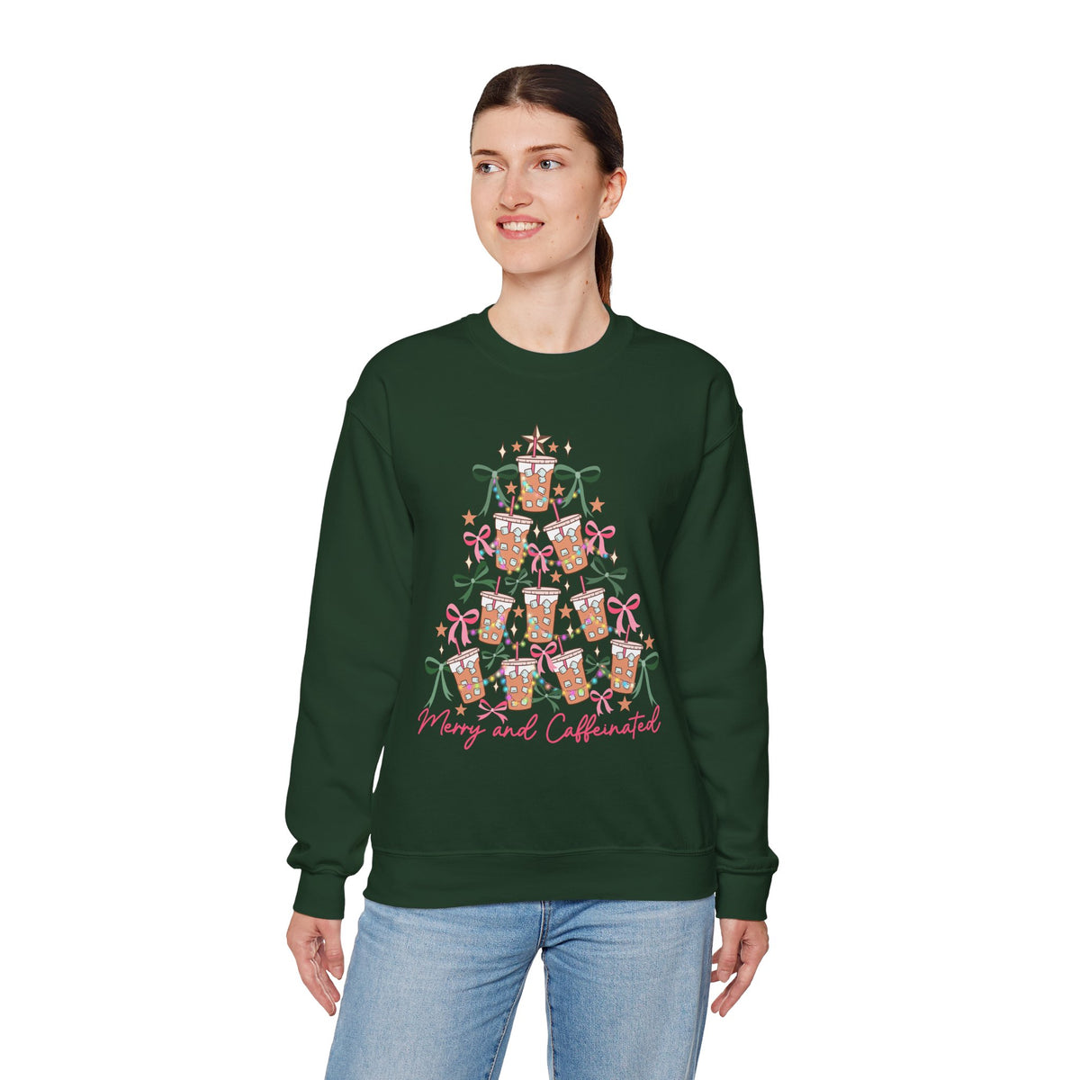 Merry and Caffeinated Iced Coffee Christmas Tree – Gildan Heavy Blend | Trendy Women’s Soft Sweatshirt. Direct to Garment. Printed & Shipped in the USA. Unisex Sizes.