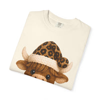 Cute Highland Cow with Leopard Santa Hat Christmas - Comfort Colors | Trendy Women's T-Shirt. Direct to Garment. Printed & Shipped in the USA. Unisex Sizes.