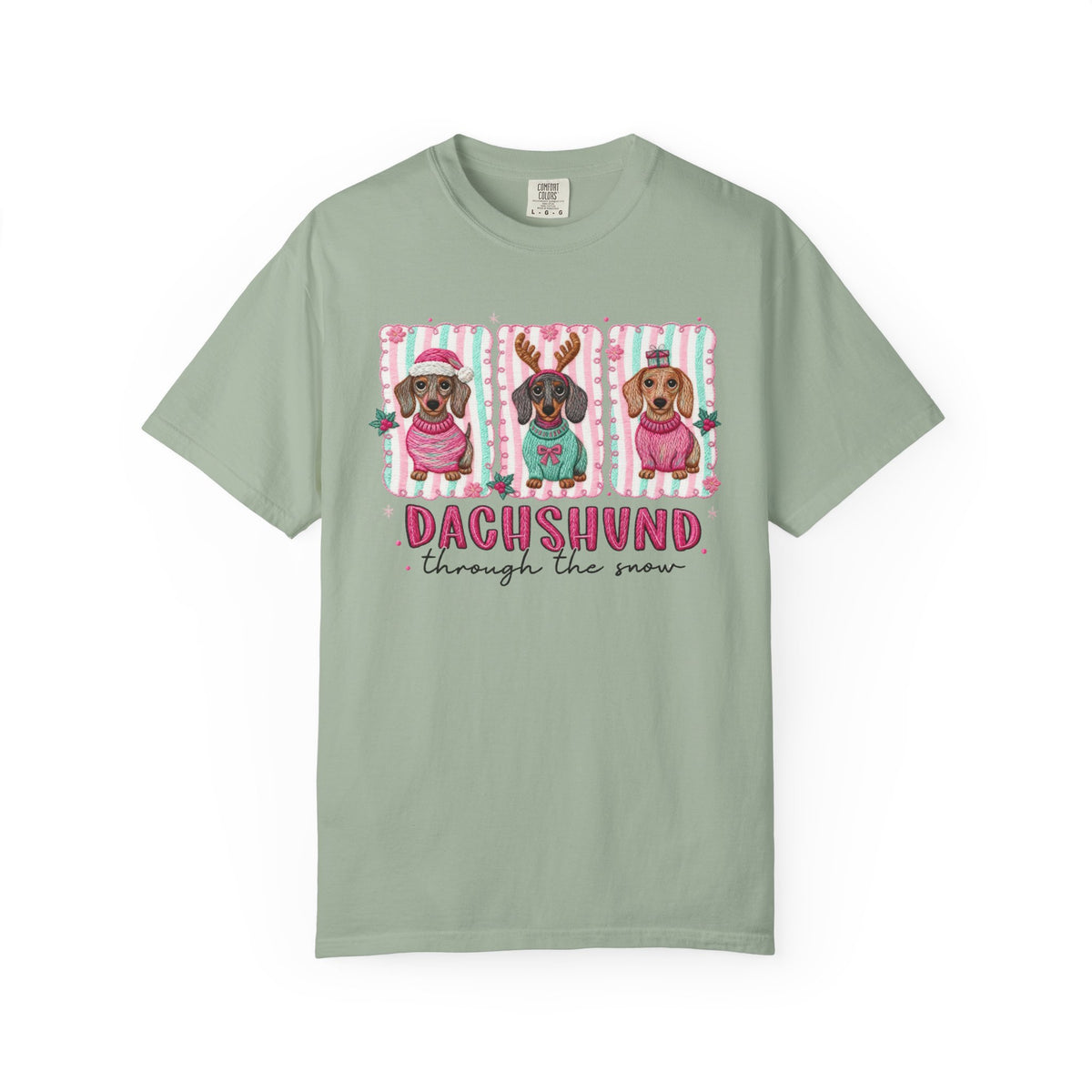 Dachshund Through the Snow - Comfort Colors | Trendy Women's T-Shirt. Direct to Garment. Printed & Shipped in the USA. Unisex Sizes.