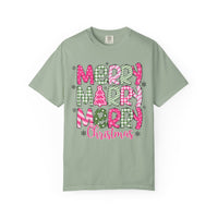 Merry Merry Merry Christmas, Festive Candy Cane & Pink and Green Plaid - Comfort Colors | Trendy Women's T-Shirt. Direct to Garment. Printed & Shipped in the USA. Unisex Sizes.
