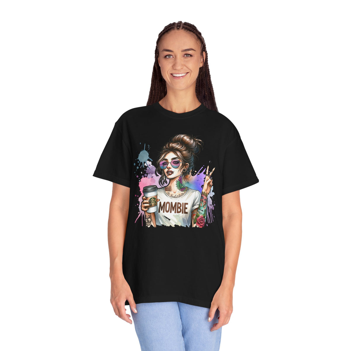 Cool Mombie with Coffee Peace Tattoo - Comfort Colors | Trendy Women's T-Shirt. Direct to Garment. Printed & Shipped in the USA. Unisex Sizes.