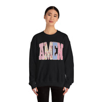 Pastel faux Patchwork AMEN with faux Pearls – Gildan Heavy Blend | Trendy Women’s Soft Sweatshirt. Direct to Garment. Printed & Shipped in the USA. Unisex Sizes.