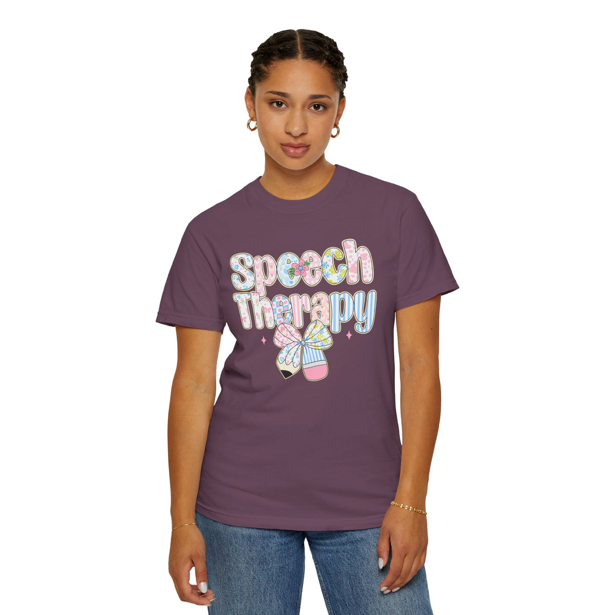 Speech Therapy - Pink Blue Coquette - Comfort Colors | Trendy Women's T-Shirt. Direct to Garment. Printed & Shipped in the USA. Unisex Sizes.