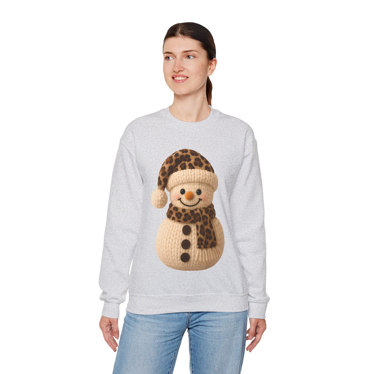 Cute Leopard Faux Knit Snowman Winter – Gildan Heavy Blend | Trendy Women’s Soft Sweatshirt. Direct to Garment. Printed & Shipped in the USA. Unisex Sizes.
