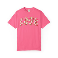Faux Crochet Checkered LOVE - Comfort Colors | Trendy Women's T-Shirt. Direct to Garment. Printed & Shipped in the USA. Unisex Sizes.