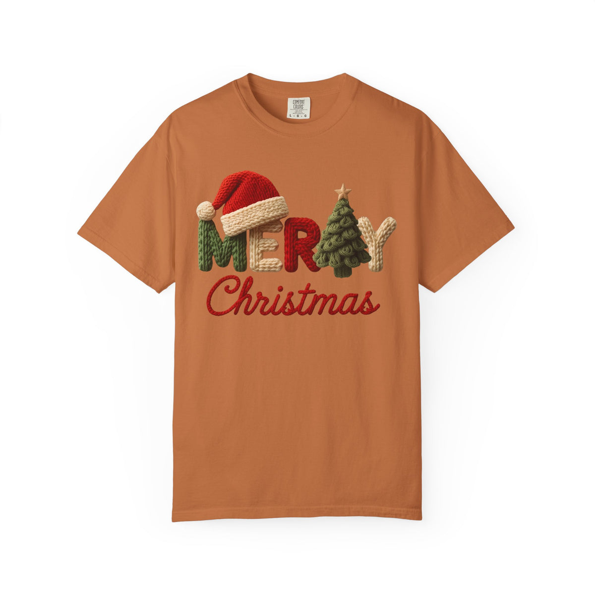 Merry Christmas Faux Yarn w/Santa Hat & Tree - Comfort Colors | Trendy Women's T-Shirt. Direct to Garment. Printed & Shipped in the USA. Unisex Sizes.