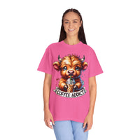 Coffee Addict Highland Cow Drinking Iced Coffee - Comfort Colors | Trendy Women's T-Shirt. Direct to Garment. Printed & Shipped in the USA. Unisex Sizes.