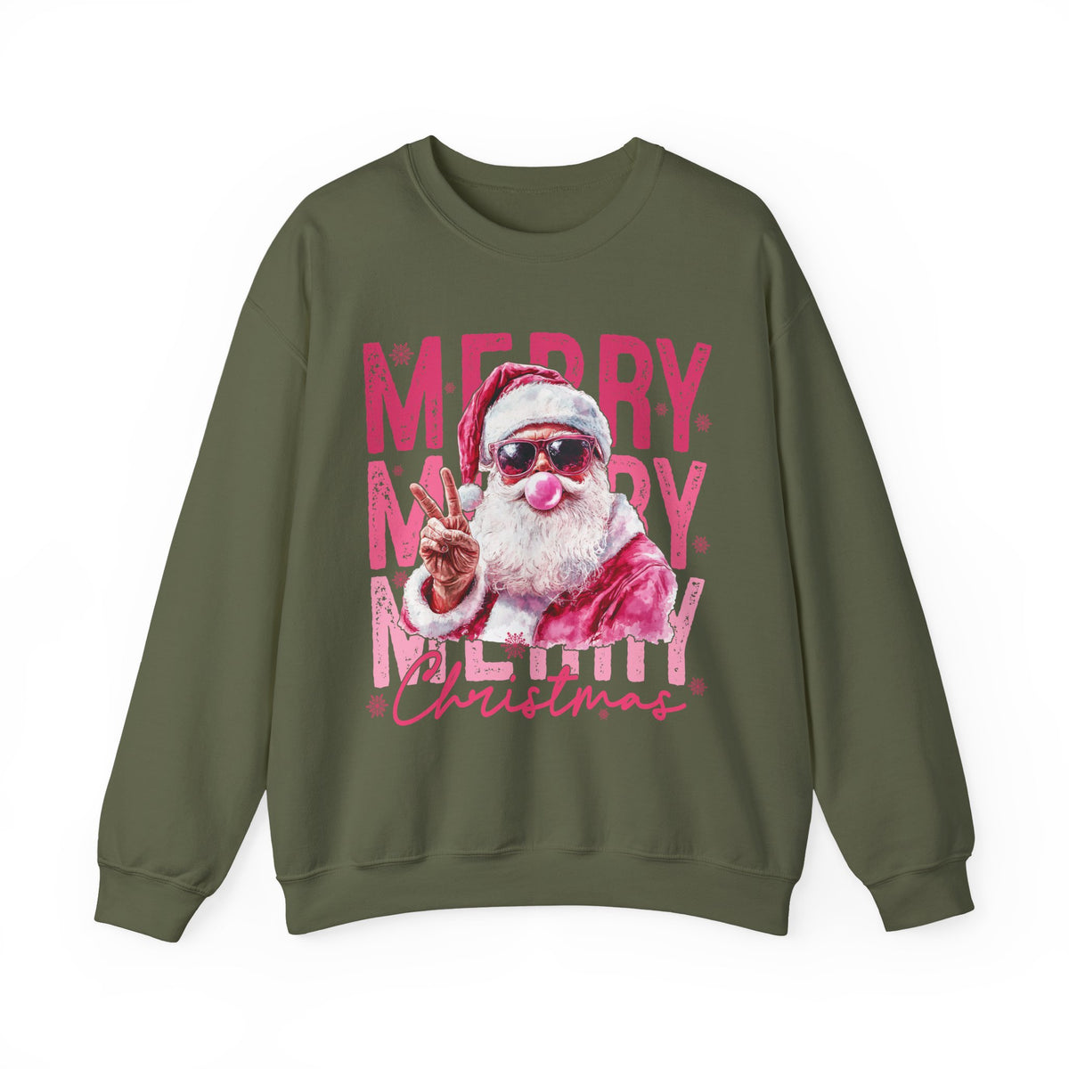 Pink Merry Christmas Bubblegum Santa – Gildan Heavy Blend | Trendy Women’s Soft Sweatshirt. Direct to Garment. Printed & Shipped in the USA. Unisex Sizes.