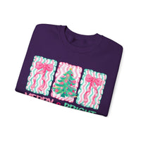 Merry & Bright Christmas - Pink & Green Holiday Tree Design – Gildan Heavy Blend | Trendy Women’s Soft Sweatshirt. Direct to Garment. Printed & Shipped in the USA. Unisex Sizes.