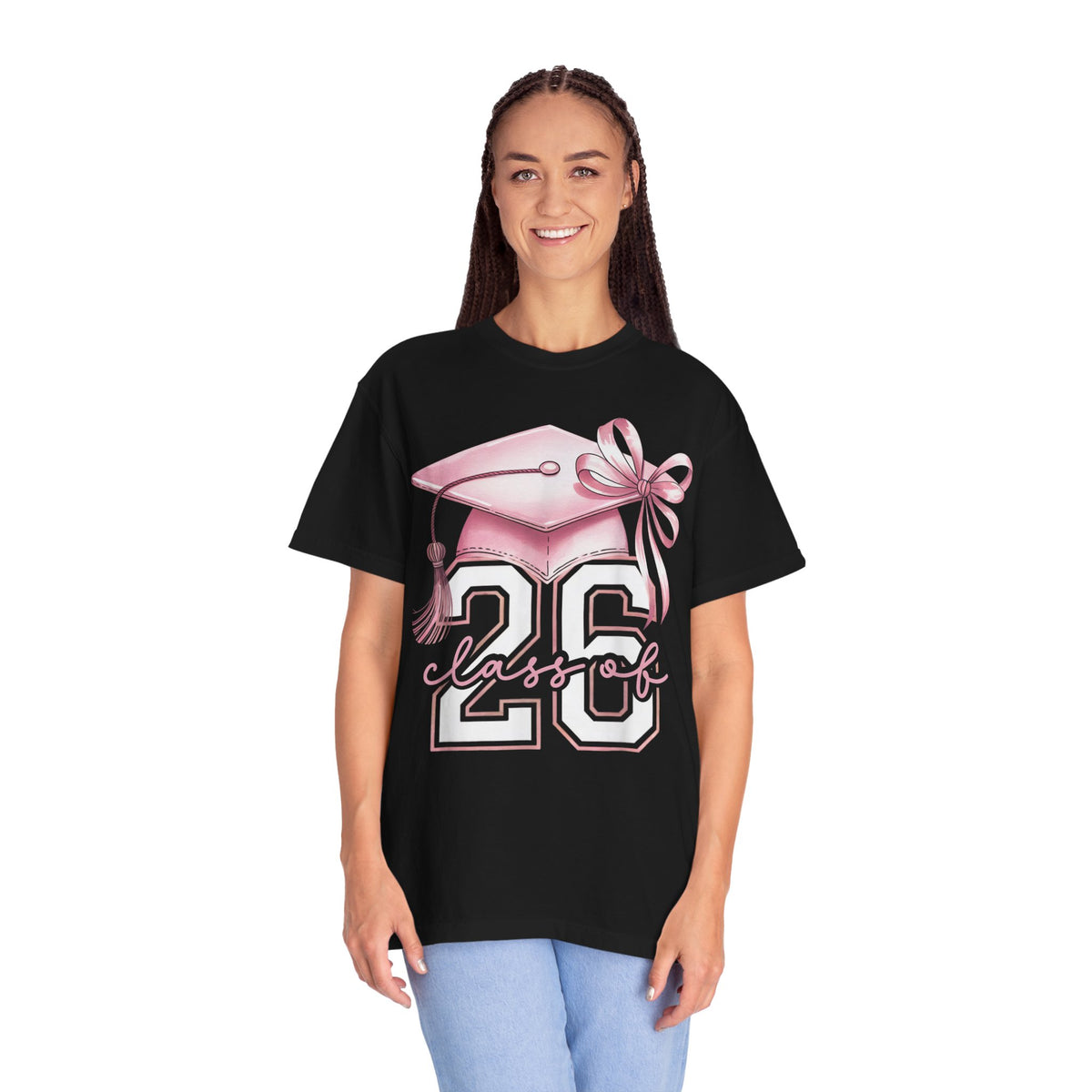 Pink Coquette, Class of 2026 Graduation Cap - Comfort Colors | Trendy Women's T-Shirt. Direct to Garment. Printed & Shipped in the USA. Unisex Sizes.