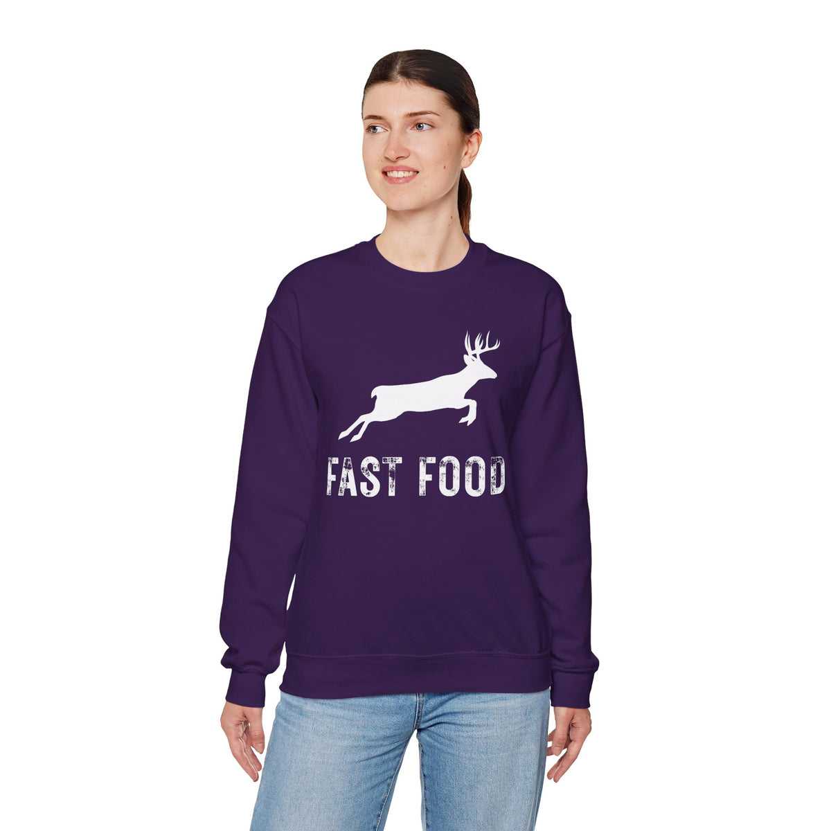 Fast Food Deer Hunting Humor Distressed – Gildan Heavy Blend | Trendy Men's and Women’s Soft Sweatshirt. Direct to Garment. Printed & Shipped in the USA. Unisex Sizes.