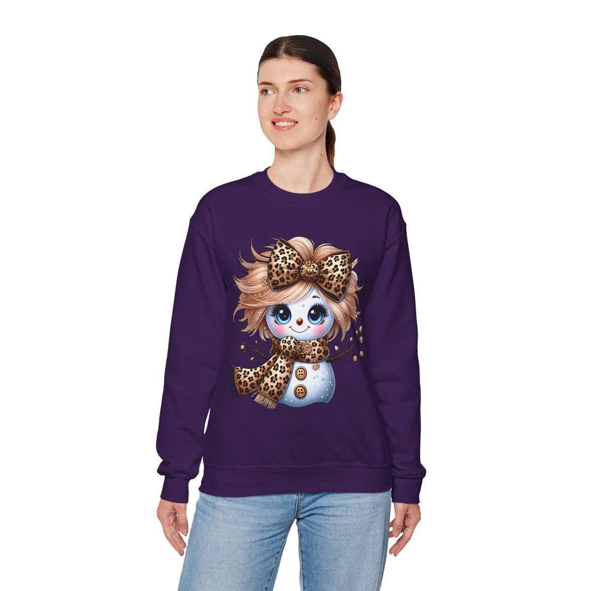 Snowgirl Cute Leopard Bow Snowman, Winter Cozy – Gildan Heavy Blend | Trendy Women’s Soft Sweatshirt. Direct to Garment. Printed & Shipped in the USA. Unisex Sizes.