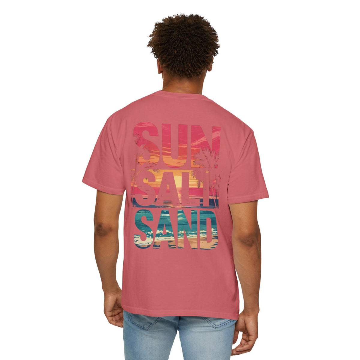 Sun Salt Sand, Beach Sunset - Front & Back Print - Comfort Colors | Trendy Women's and Men's T-Shirt. Direct to Garment. Printed & Shipped in the USA. Unisex Sizes.